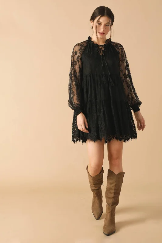 THIS & THAT BLACK WOVEN LACE MINI DRESS