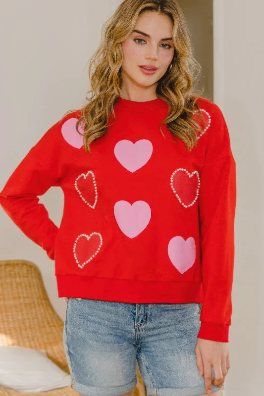 Heart Pattern With Pearl Embellished Sweatshirts