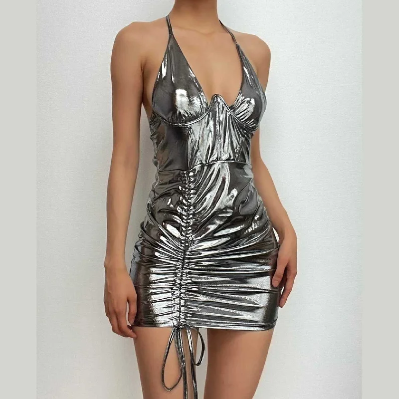 BerryBetty - Cross front drawstring low cut metallic halter solid mini dress