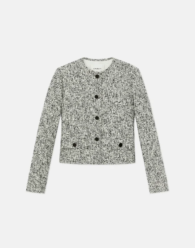 Linen-Cotton Boucl?? Tweed Collarless Buttoned Jacket