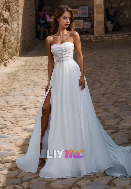 LW022 - A line Strapless Sexy High Split Simple Wedding Dress with Sweep Train