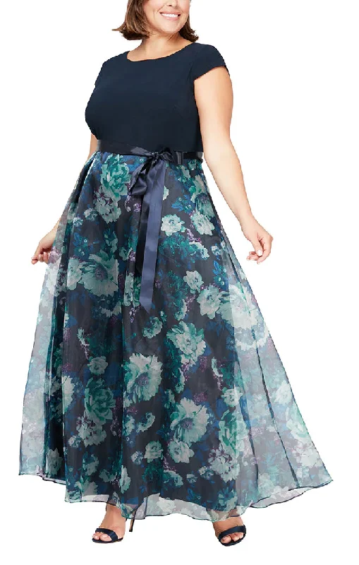 SL Fashions 9441141 Plus Size Floral Printed Organza Skirt Long Dress