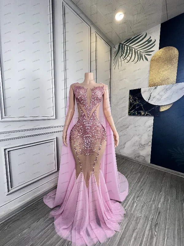 Luxury Sparkly Rhinestones Pink Mermaid Long Evening Dresses with Cape