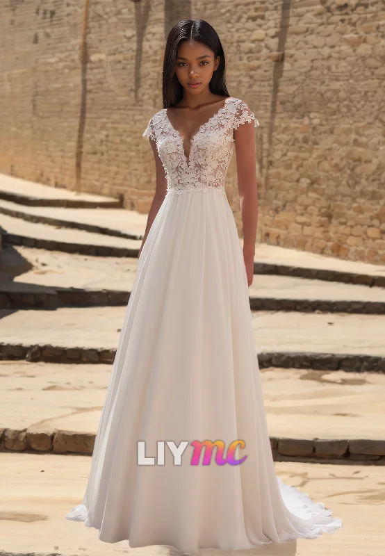 V-Neck Cap Sleeves Lace Appliques Pleated A-Line Beach Wedding Dress