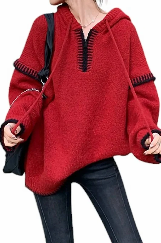 Lia Long Sleeve Knit Hoodie In Red/black