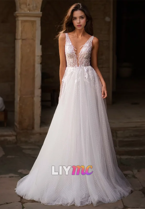 V-Neck Spaghetti Straps Appliques Tulle Ball Gown Wedding Dress