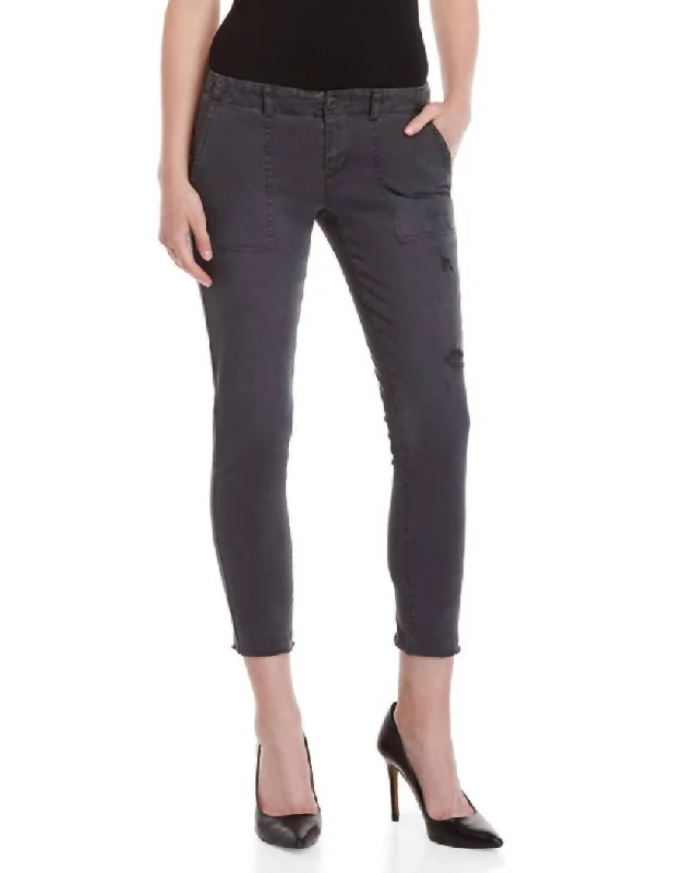 Twill Raw Hem With Distressed Lace-Up Detail Crop Pants In Grey