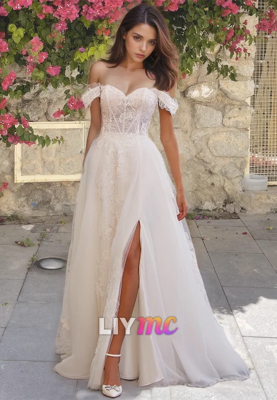 Off-Shoulder Strapless Appliques Side Slit A-Line Wedding Dress