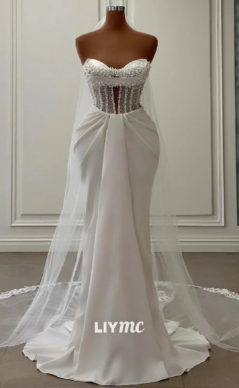 LW403 - Semi-Sweetheart Illusion Pleats Sleek Satin Pearls Long Wedding Dresses