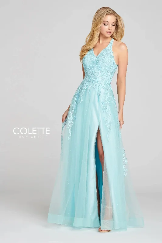 Colette CL12120 Glitter Formal Long Halter Prom Dress