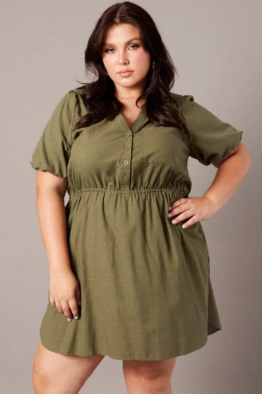 Green Puff Sleeve Curve Hem Shirt Dress