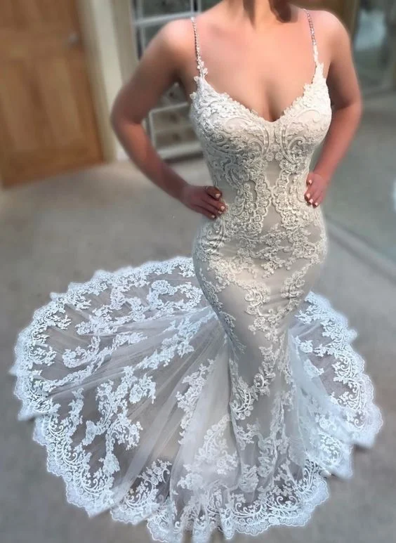 Sexy Lace Appliques Wedding Dresses Online | Spaghettis Straps Mermaid Bridal Gowns     S3089