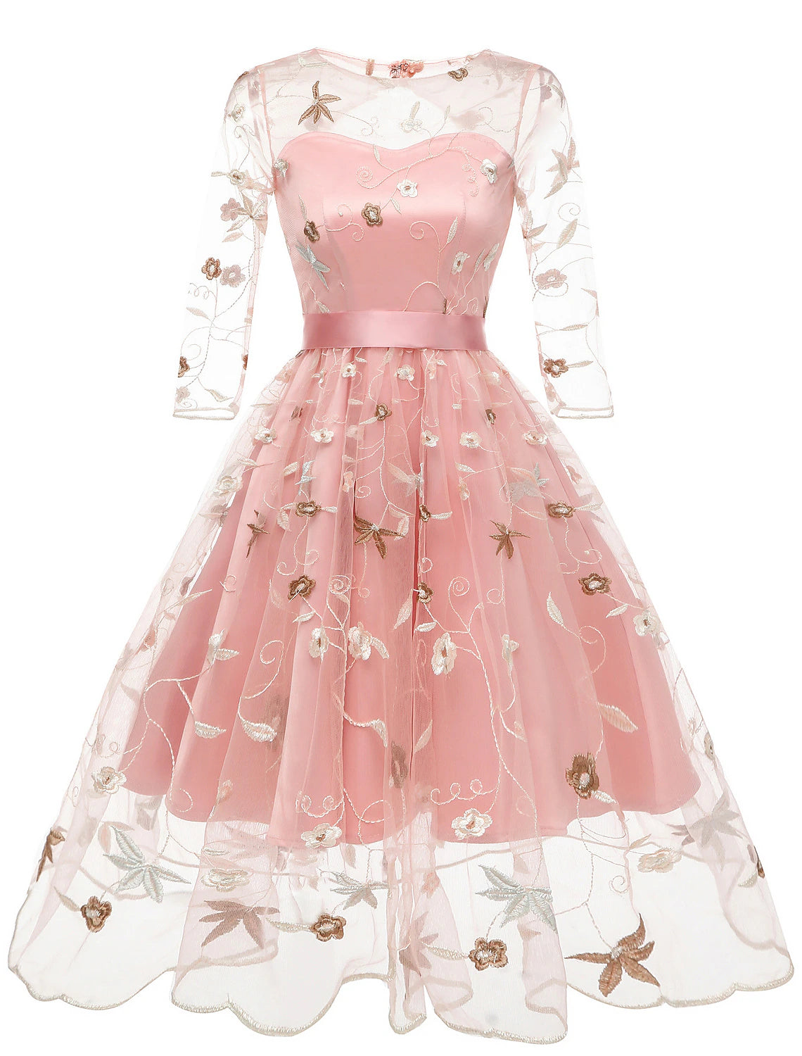 A-Line Cocktail Dresses Floral Dress Homecoming Knee Length Half Sleeve Jewel Neck Tulle with Embroidery Appliques