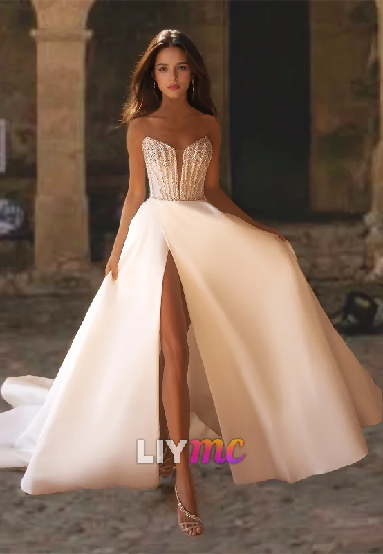 V-Neck Sleeveless Beaded Sleek Satin A-Line Wedding Dress