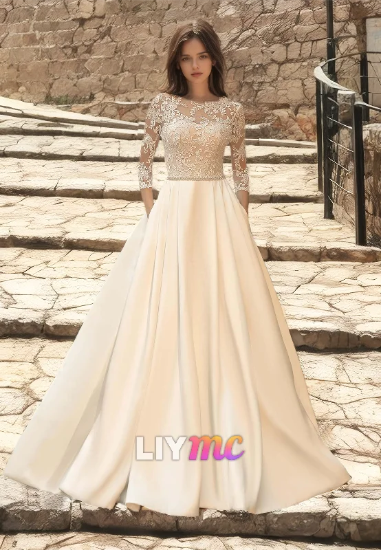 Bateau Long Sleeves Lace Appliques Pleated A-Line Wedding Dress