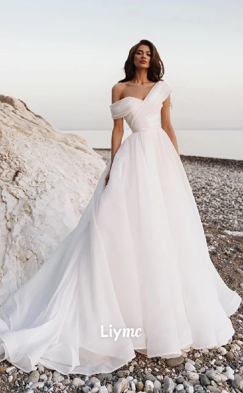 LW015 - A line One Shoulder Organza Simple Wedding Dress with Court Train