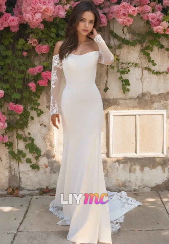 Off-Shoulder Long Sleeves Appliques Sleek Mermaid Wedding Dress