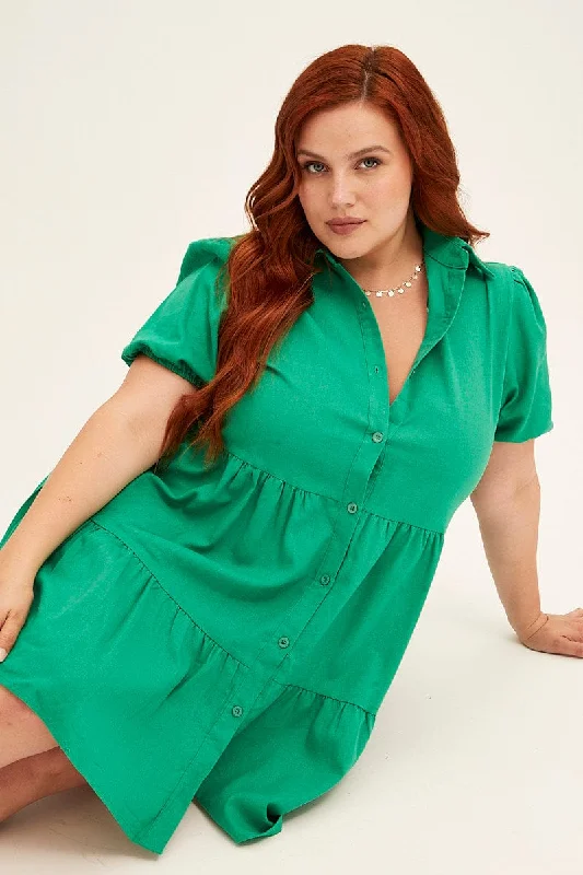 Green Shirt Dress Puff Sleeve Button