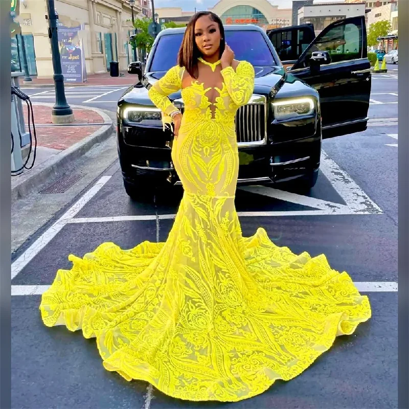 Yellow Sequined Lace Long Sleeeve Prom Dresses For Black Girls Mermaid Elegant Formal Occasion Dress O Neck Wedding Party Gowns