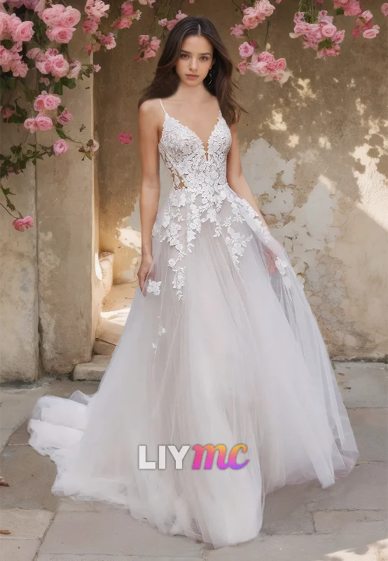 V-Neck Spaghetti Straps Appliques Tulle A-Line Beach Wedding Dress