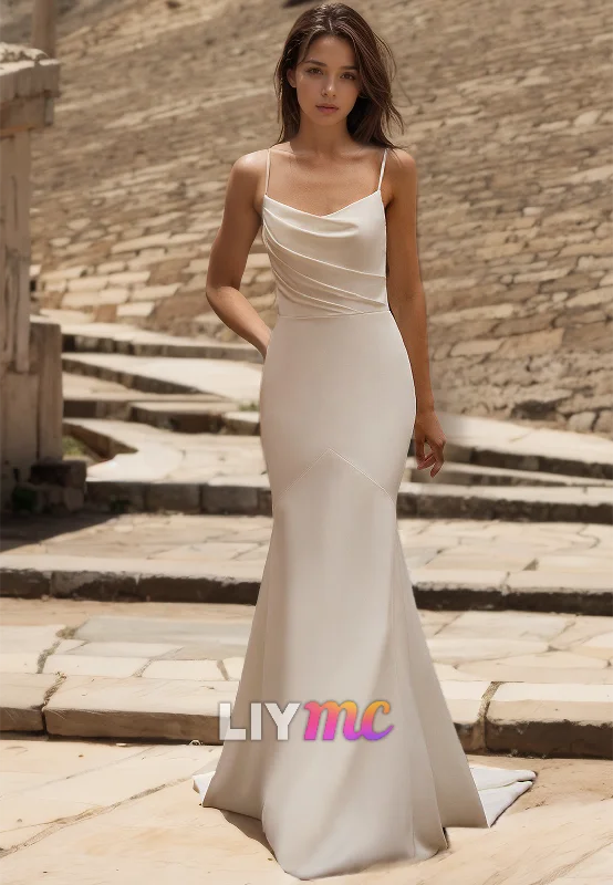 Scoop Spaghetti Straps Sleek Mermaid Beach Wedding Dress