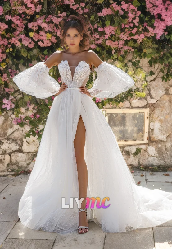 V-Neck Puff Sleeves Floral Embellished Tulle A-Line Wedding Dress