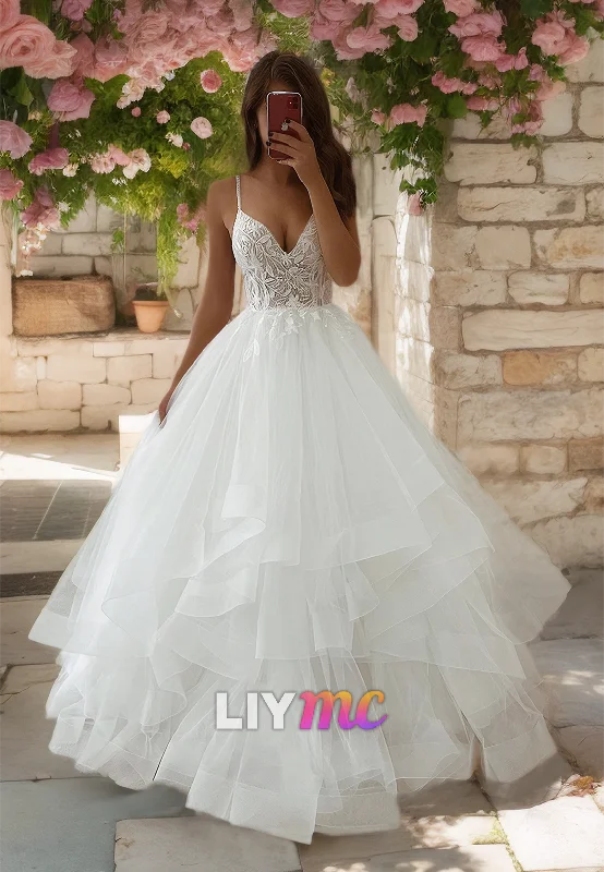 V-Neck Spaghetti Straps Appliques Tiered Tulle A-Line Wedding Dress