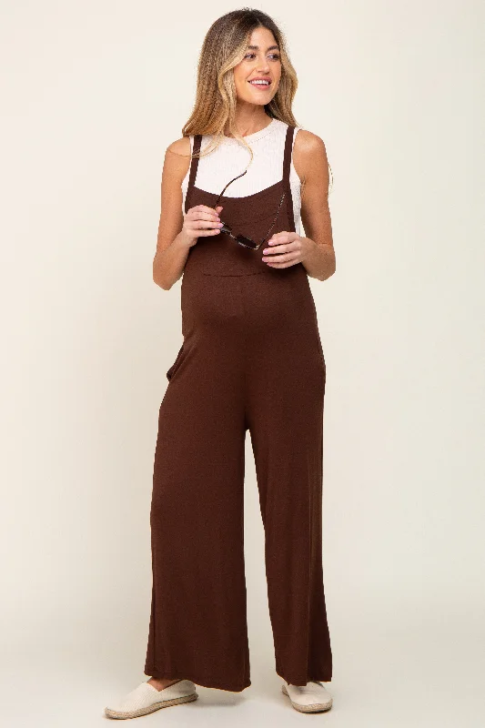 Brown Sleeveless Pocketed Wide Leg Maternity Jumpsuit