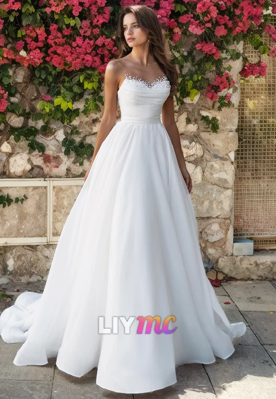 LW012 - A Line Illusion Neckline Beads Organza Simple Wedding Dress