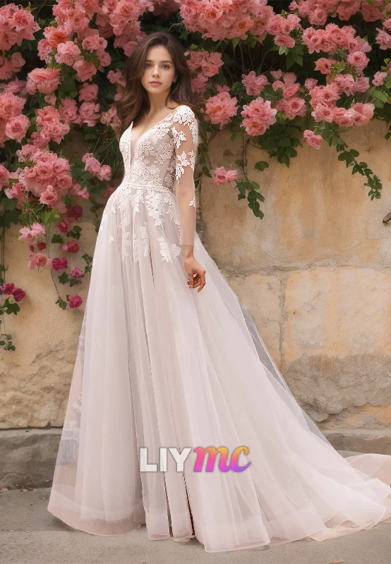 V-Neck Sheer Long Sleeves Lace Appliques Tulle A-Line Wedding Dress