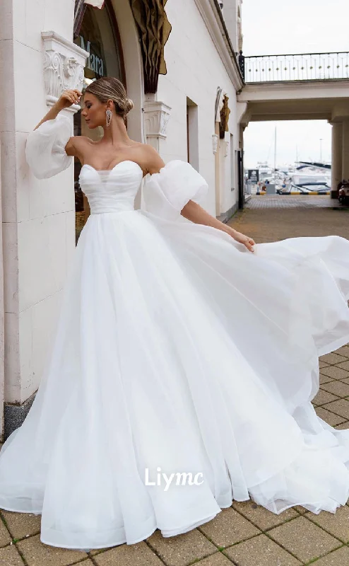 LW014 - A line Sweetheart Short Sleeves Simple Wedding Dress with Sweep Train