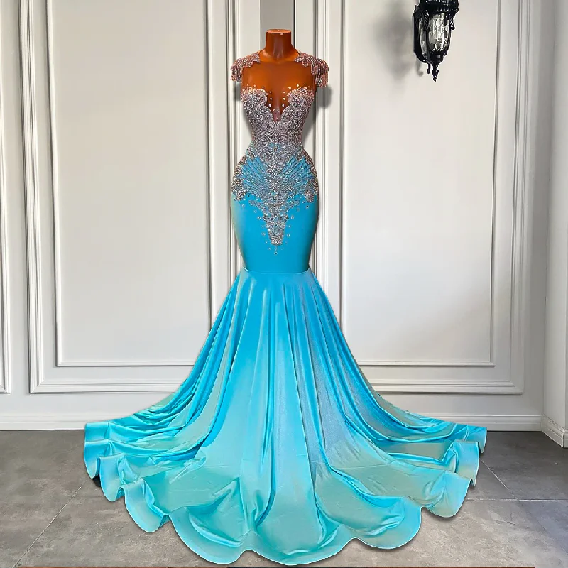 Long Sparkly Prom Dresses Sexy Sheer Top Luxury Diamond Light Blue Black Girls Mermaid Prom Gala Party Gowns