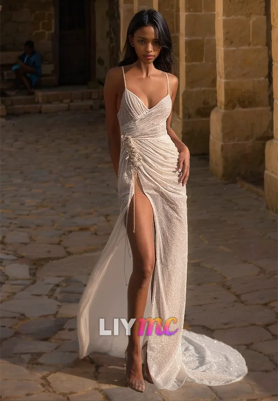 V-Neck Spaghetti Straps Ruched High Slit Sheath Beach Wedding Dress