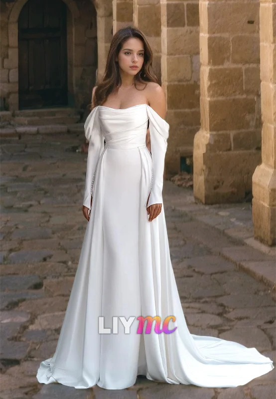 Off-Shoulder Long Sleeves Pleated Sleek Mermaid Sweep Train Wedding Dress