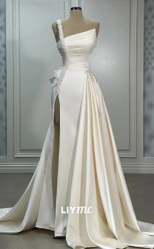 LW406 - Asymmetrical A-Line Pleats Draped Side Slit Satin Wedding Dress