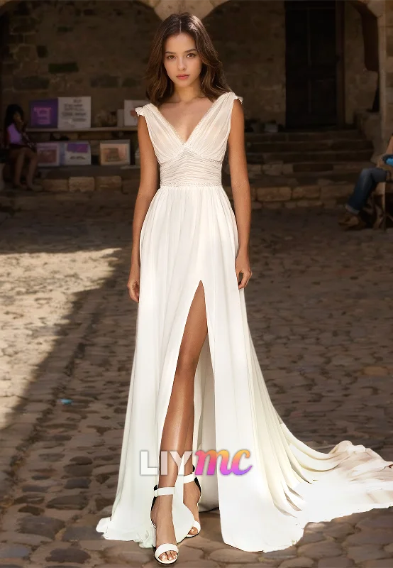 V-Neck Sleeveless Pleated Side Slit Pleated A-Line Beach Wedding Dress