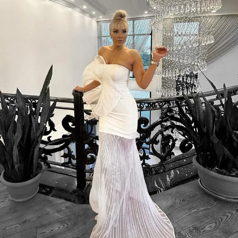 Fashion White Pleated Long Prom Dresses with 3D Pleated Shoulder Couture Mermaid Evening Party Dress