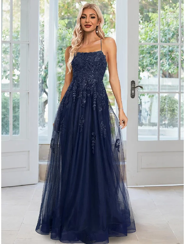 A-Line Sheath / Column Evening Gown Floral Dress Formal Floor Length Sleeveless Spaghetti Strap Tulle with Sequin Appliques