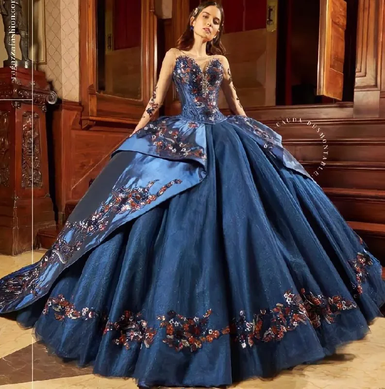 Mexican Navy blue Quinceanera Dresses long sleeve Flowers Lace Appliques Rhinestones Sweet 16 Dress Vestido De 15 Anos lace up