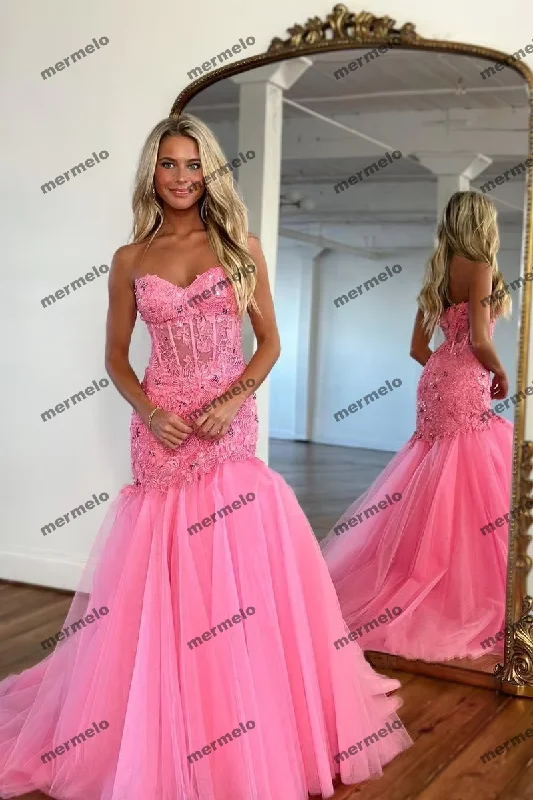 Mermaid Prom Dresses Lace Applique Tulle Sweetheart Long Sweep Train Formal Party Evening Gowns