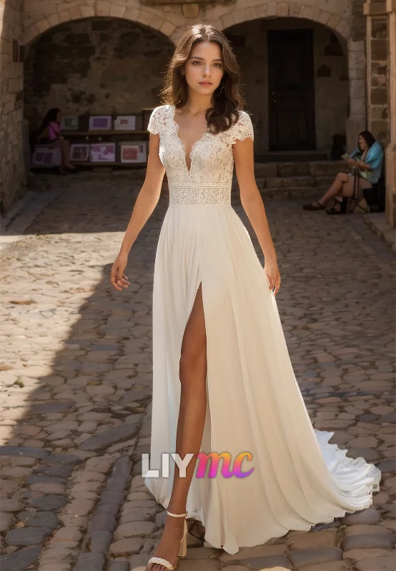 V-Neck Cap Sleeves Lace Appliques Pleated A-Line Wedding Dress