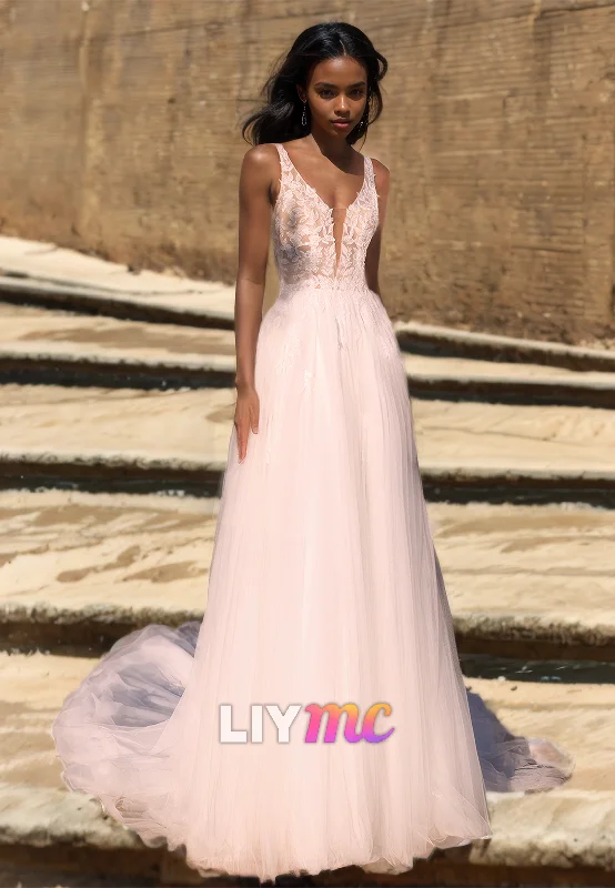 V-Neck Straps Appliques Sleeveless Tulle A-Line Wedding Dress