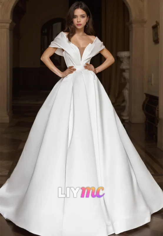 V-Neck Strapless Sleek Satin Pleated A-Line Classic Wedding Dress