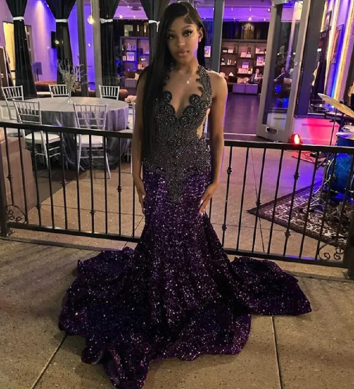 Sparkly Diamonds Purple Long Prom Dress 2024 For Black Girls Beads Crystals Rhinestones Birthday Party Reception Robe