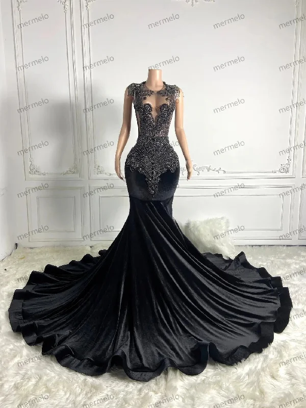 Luxury Velvet Long Prom Dresses For Black Girls Sheer Crystals American African Evening Gowns Birthday Party