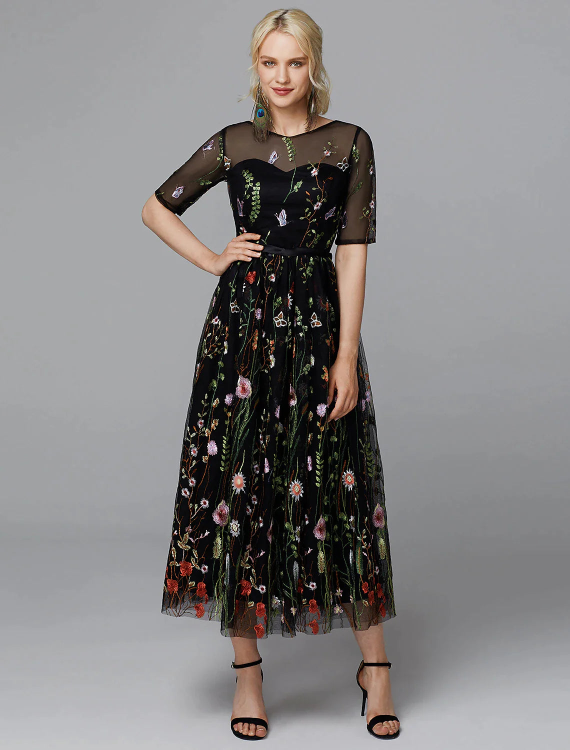 A-Line Floral Dress Holiday Tea Length Half Sleeve Illusion Neck Lace with Embroidery Appliques