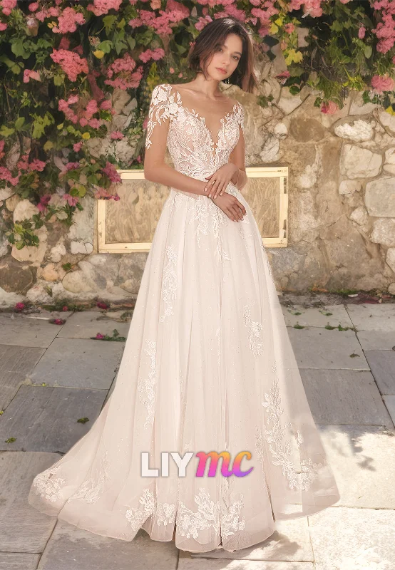 V-Neck Long Sleeves Appliques Tulle A-Line Wedding Dress