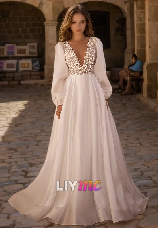 V-Neck Long Sleeves Pleated A-Line Simple Wedding Dress