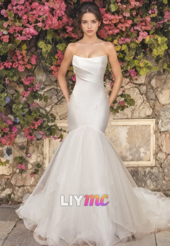 Straight Across Sleeveless Sleek Satin Mermaid Wedding Dress