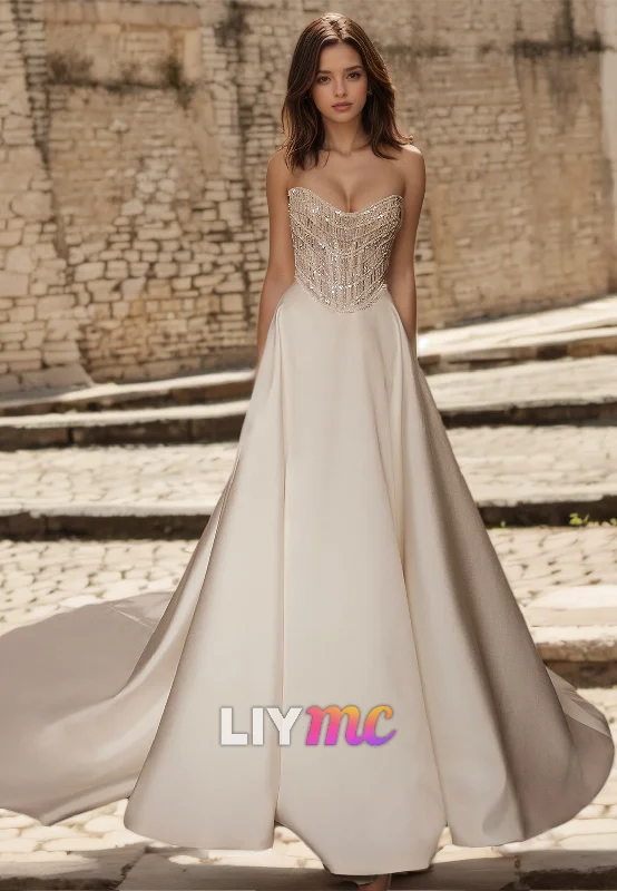 V-Neck Sleeveless Sparkle Sleek Satin A-Line Wedding Dress